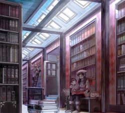 Rule 34 | 1boy, 2girls, bad id, bad pixiv id, book, boots, cat, door, glasses, indoors, jewelry, ladder, layered sleeves, library, long sleeves, multiple girls, necklace, old, old man, original, pantyhose, short over long sleeves, short sleeves, sime (echo), sitting, standing