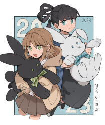 Rule 34 | 2023, 2girls, :o, ankle boots, aqua eyes, black footwear, black hair, black skirt, blue background, blue bow, blue bowtie, boots, bow, bowtie, brown hair, brown jacket, brown skirt, chinese zodiac, closed mouth, commentary, cropped legs, green bow, green bowtie, green eyes, hair rings, highres, holding, holding stuffed toy, hood, hood down, hooded jacket, jacket, jumping, kagami rin, korean commentary, korean text, long hair, long skirt, looking at viewer, miniskirt, multiple girls, nana 0253, hugging object, open mouth, osano rui, outside border, pencil skirt, pleated skirt, short hair, skirt, smile, stuffed animal, stuffed rabbit, stuffed toy, sweater, turtleneck, turtleneck sweater, white sweater, world trigger, year of the rabbit