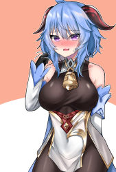 Rule 34 | 1girl, absurdres, ahoge, bare shoulders, bell, black legwear, blue hair, blush, breasts, covered navel, detached sleeves, ganyu (genshin impact), genshin impact, gold trim, highres, horns, large breasts, long hair, looking at viewer, neck bell, nose blush, purple eyes, sidelocks, smile, solo, standing, sweatdrop, tist, wavy mouth, white sleeves