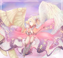 Rule 34 | 1girl, ahoge, angel, angel wings, asymmetrical wings, blonde hair, blue eyes, boots, borrowed character, bow, cassie (acerailgun), cyborg, dress, feathered wings, full body, grin, hair bow, highres, lolisoup, mechanical arms, mechanical wings, one eye closed, original, pantyhose, single mechanical arm, smile, solo, striped clothes, striped legwear, striped pantyhose, vertical-striped clothes, vertical-striped pantyhose, watermark, web address, wings