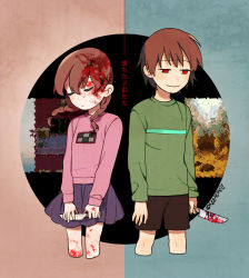Rule 34 | 1boy, 1girl, arms at sides, bad end, bad id, bad pixiv id, blood, blood in hair, blood on face, blood on hands, bloody weapon, braid, brown hair, brown shorts, chara (undertale), closed mouth, cropped legs, crossover, closed eyes, green sweater, hair tie, holding, holding knife, holding weapon, knife, long hair, long sleeves, madotsuki, miniskirt, no pupils, pale skin, penguin haro, pink sweater, pleated skirt, purple skirt, red eyes, short hair, shorts, skirt, smile, spoilers, sweater, trait connection, twin braids, twintails, two-tone background, undertale, weapon, yume nikki