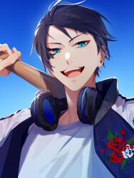 Rule 34 | 13 (bbr584607091), 1boy, aqua eyes, arm up, baseball bat, black hair, blue jacket, blue sky, commentary, deuce spade, facial mark, headphones, headphones around neck, highres, holding, holding baseball bat, jacket, looking at viewer, male focus, open mouth, outdoors, portrait, shirt, short hair, sky, smile, solo, spade tattoo, symbol-only commentary, tattoo, teeth, tongue, twisted wonderland, upper body, white shirt