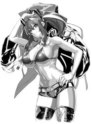 Rule 34 | 1girl, armpits, azur lane, bare shoulders, belt, bracelet, breasts, bremerton (azur lane), cleavage, closed mouth, commentary request, cowboy shot, front-tie top, greyscale, hair between eyes, hand on own hip, headgear, holding, holding clothes, holding jacket, iwamoto eiri, jacket, jewelry, large breasts, long hair, mole, mole on breast, monochrome, multicolored hair, navel, navel piercing, piercing, short shorts, shorts, sideboob, smile, stomach, streaked hair, thighhighs, twintails, underboob
