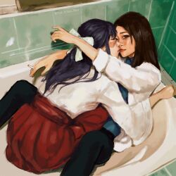 Rule 34 | 2girls, absurdres, bathtub, black hair, bow, brown hair, cigarette, closed eyes, closed mouth, commentary, english commentary, facing another, feet out of frame, hair ribbon, highres, holding, holding cigarette, ieiri shoko, iori utahime, japanese clothes, jujutsu kaisen, long hair, long sleeves, looking at viewer, miko, multiple girls, photo-referenced, ribbon, scar, scar on face, sleeves past elbows, thejesscode, twitter username, white bow, yuri