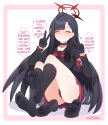 Rule 34 | 1girl, armband, ass, black choker, black footwear, black gloves, black hair, black shirt, black skirt, black socks, black wings, blue archive, blush, choker, closed eyes, closed mouth, double v, english text, feet, full body, gloves, hair ornament, hairclip, halo, hands up, highres, ichika (blue archive), kneehighs, legs, loafers, long hair, long sleeves, rezodwel, shirt, shoes, unworn shoes, sitting, skirt, smile, socks, soles, solo, speech bubble, steam, v, wings
