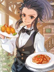 Rule 34 | 1boy, absurdres, black bow, black eyes, black hair, black vest, bow, bowtie, crab claw, dororo (tezuka), food, highres, holding, holding plate, holding tray, indoors, long hair, long sleeves, looking at viewer, male focus, mimimikan, pasta, plant, plate, potted plant, sidelocks, sketch, smile, spaghetti, standing, tahoumaru, tray, vest, water