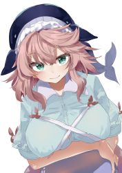 Rule 34 | 1girl, absurdres, bad id, bad pixiv id, breasts, closed mouth, green eyes, hat, highres, large breasts, looking at viewer, muraryo, okunoda miyoi, pink hair, short sleeves, sidelocks, simple background, smile, solo, touhou, upper body, whale hat, white background