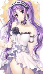 Rule 34 | 1girl, bad id, bad pixiv id, bare shoulders, black flower, black rose, blush, breasts, brown background, closed mouth, collarbone, commentary request, cowboy shot, detached sleeves, dress, euryale (fate), fate/hollow ataraxia, fate (series), flower, frilled hairband, frills, hairband, hand up, head tilt, highres, long hair, looking at viewer, purple eyes, purple hair, ribbon-trimmed hairband, ribbon trim, rose, satoimo chika, small breasts, solo, strapless, strapless dress, twintails, two-tone background, very long hair, white background, white dress, white hairband