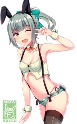 Rule 34 | animal ears, black thighhighs, bow, breasts, green bow, green hair, interstellar, kantai collection, medium breasts, one eye closed, panties, ponytail, rabbit ears, rabbit tail, short shorts, shorts, side-tie panties, sidelocks, simple background, solo, tail, thighhighs, underwear, v, wrist cuffs, yuubari (kancolle)