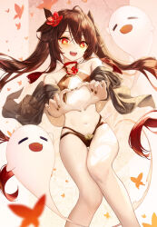 Rule 34 | 1girl, adapted costume, ahoge, bare legs, bare shoulders, bikini, black bikini, black nails, black shirt, boo tao (genshin impact), brown hair, choker, criss-cross halter, flower, flower-shaped pupils, genshin impact, ghost, gradient hair, h2o (dfo), hair flower, hair ornament, hair ribbon, halterneck, heart, heart hands, highres, hu tao (genshin impact), leaf, legs, long hair, looking at viewer, maple leaf, multi-strapped bikini, multicolored hair, nail polish, navel, off shoulder, open clothes, open mouth, open shirt, outstretched arms, red choker, red eyes, red hair, ribbon, shirt, smile, solo, stomach, string bikini, swimsuit, symbol-shaped pupils, thighs, twintails, very long hair