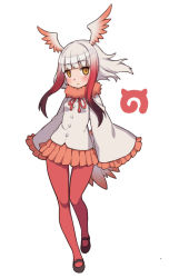 Rule 34 | 10s, 1girl, blunt bangs, breasts, empty eyes, full body, head wings, japanese crested ibis (kemono friends), kemono friends, kugi ta hori taira, looking at viewer, mary janes, multicolored hair, pantyhose, pleated skirt, red hair, red pantyhose, shoes, sidelocks, simple background, skirt, sleeves past wrists, small breasts, solo, standing, standing on one leg, two-tone hair, white background, white hair, wide sleeves, wings