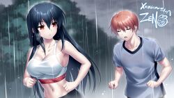 Rule 34 | 1boy, 1girl, angel beats!, bare arms, bare shoulders, black hair, bra, breasts, brown hair, casual, character name, cleavage, clenched hands, closed eyes, cloud, cloudy sky, collarbone, commentary, commission, curvy, english commentary, eyelashes, eyes visible through hair, game cg, grey shirt, hair between eyes, highres, large breasts, long hair, looking at another, looking back, lower teeth only, navel, open mouth, otonashi yuzuru, outdoors, paid reward available, parted lips, rain, running, second-party source, shiina (angel beats!), shiny skin, shirt, short hair, short sleeves, sidelocks, signature, skeb commission, sky, sports bra, stomach, straight hair, teeth, underwear, upper body, very long hair, wet, wet clothes, wet hair, wet shirt, white bra, zen (kamuro)
