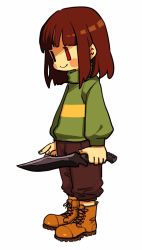 Rule 34 | 1other, androgynous, blush stickers, boots, brown footwear, brown hair, chara (undertale), dagger, full body, holding, holding weapon, knee boots, knife, long sleeves, pants, red eyes, semi kon, short hair, simple background, smile, solo, spoilers, standing, striped clothes, striped sweater, sweater, undertale, weapon, white background, | |