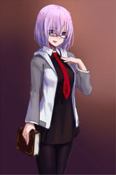 Rule 34 | 1girl, book, fate/grand order, fate (series), glasses, gradient background, hand on own chest, hfp~kubiao, highres, light purple hair, mash kyrielight, necktie, pantyhose, purple eyes, short hair
