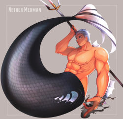 Rule 34 | 1boy, abs, aqua hair, aura, bara, blue eyes, character name, completely nude, dark-skinned male, dark skin, fins, full body, highres, holding, holding polearm, holding spear, holding weapon, large pectorals, male focus, mature male, merman, monster boy, muscular, muscular male, nether merman (housamo), nipples, nude, pectorals, polearm, short hair, sideburns, solo, spear, stomach, tokyo houkago summoners, touoh, trident, weapon