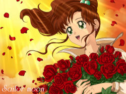 Rule 34 | 1990s (style), bishoujo senshi sailor moon, bouquet, brown hair, flower, green eyes, happy, kino makoto, ponytail, rose, school uniform, smile, wallpaper, watermark, wind