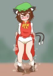 Rule 34 | 1girl, animal ear fluff, animal ears, blush, bow, bow panties, brown hair, cat ears, cat girl, cat tail, chen, clothes lift, dress, dress lift, ear piercing, embarrassed, female focus, green hat, hat, highres, looking at viewer, mizusoba, multiple tails, panties, pee stain, peeing, peeing self, piercing, puddle, red dress, shoes, socks, solo, standing, steam, tail, tears, touhou, trembling, underwear, wet, wet clothes, wet panties