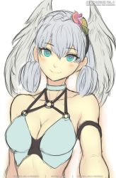 Rule 34 | adapted costume, armlet, bikini, braid, breasts, choker, cleavage, crown braid, gofelem, grey hair, head wings, looking at viewer, medium breasts, melia antiqua, nintendo, o-ring, o-ring bikini, simple background, smile, swimsuit, unfinished, upper body, white background, wings, xenoblade chronicles: future connected, xenoblade chronicles (series), xenoblade chronicles 1
