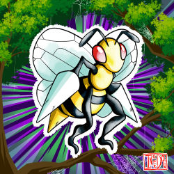 Rule 34 | antennae, artist logo, artist name, bee, bee print, bee wings, beedrill, branch, bug, colored skin, compound eyes, creatures (company), full body, game freak, gen 1 pokemon, highres, inker dog, insect, leaf, monster, nintendo, no humans, outline, pokemon, pokemon (creature), purple background, red eyes, self-upload, silk, solo, spider web, stinger, tree, white outline, yellow skin