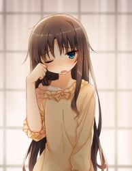 Rule 34 | 1girl, bad id, bad pixiv id, blue eyes, blush, brown hair, collarbone, commentary request, drooling, fate/stay night, fate (series), long hair, long sleeves, messy hair, nightgown, off shoulder, one eye closed, open mouth, rubbing eyes, shnva, solo, tohsaka rin, very long hair, waking up