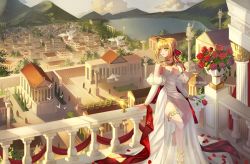 Rule 34 | 1girl, artist name, bird, blonde hair, braid, breasts, city, cup, dress, fate/grand order, fate (series), flower, french braid, gold necklace, gold trim, green eyes, hair bun, hair intakes, hair ribbon, high heels, holding, holding flower, jewelry, lake, large breasts, leaning on object, long dress, long hair, mountainous horizon, necklace, nero claudius (fate), nero claudius (fate) (all), nero claudius (fate/extra), nero claudius (formal dress) (fate), red flower, red ribbon, red rose, ribbon, rose, scenery, sigriddis, single hair bun, sky, thighlet, veranda, white dress