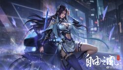 Rule 34 | 1girl, absurdres, black footwear, black hair, blue eyes, building, capelet, clothing cutout, doupo cangqiong, dress, hair ornament, highres, holding, holding sword, holding weapon, leg up, long hair, long sleeves, m yun ya, motor vehicle, motorcycle, navel cutout, reverse grip, skyscraper, solo, sword, thigh strap, weapon, white dress, yun yun (doupo cangqiong)