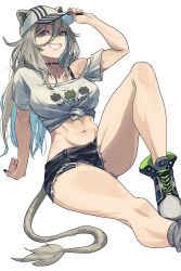 Rule 34 | 1girl, abs, absurdres, adapted costume, animal ears, baseball cap, casual, choker, denim, denim shorts, grey eyes, grey hair, grin, hair between eyes, hat, highres, hololive, jewelry, lion ears, lion girl, lion tail, long hair, midriff, navel, necklace, off-shoulder shirt, off shoulder, rasetsu001, shirt, shishiro botan, shishiro botan (casual), shoes, short shorts, shorts, simple background, sitting, smile, sneakers, solo, tail, tied shirt, virtual youtuber, white background