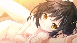 Rule 34 | 1boy, 1girl, black hair, breasts, collarbone, game cg, hair ornament, hand on another&#039;s head, hetero, holding hands, izumi aoi, looking at viewer, lying, natsu uso -ahead of the reminiscence-, nipples, nude, pov, riichu, smile, solo focus, uso (campus), yellow eyes