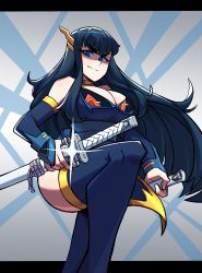 Rule 34 | 1girl, absurdres, adapted costume, aneurysm ax, bakuzan, boots, breasts, detached sleeves, dress, feet out of frame, hair ornament, highres, junketsu, katana, kill la kill, kiryuuin satsuki, large breasts, leg up, sash, solo, sparkle, standing, sword, thigh boots, thighhighs, weapon