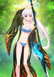 Rule 34 | 1girl, bikini, black (artist), blue bikini, bow, breasts, cleavage, collarbone, day, fate/grand order, fate (series), forest, frilled bikini, frills, groin, hair bow, high ponytail, highres, holding, holding weapon, japanese clothes, kiyohime (fate), kiyohime (fate/grand order), kiyohime (swimsuit lancer) (fate), kiyohime (swimsuit lancer) (third ascension) (fate), long hair, looking at viewer, medium breasts, nature, navel, official art, outdoors, polearm, red eyes, silver hair, solo, spear, swimsuit, weapon, yellow bow