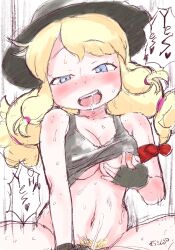Rule 34 | 1boy, 1girl, assertive female, bare shoulders, blonde hair, blonde pubic hair, blue eyes, blush, body freckles, breasts, calenda (kemono friends), clothed sex, commentary, cowgirl position, cum, drooling, english text, female pubic hair, freckles, girl on top, gloves, hat, hetero, highres, kemono friends, kemono friends 3, large breasts, long hair, looking at viewer, masuyama ryou, navel, nipple stimulation, nipple tweak, nipples, open mouth, pubic hair, sex, sleeveless, smile, solo, solo focus, spread legs, straddling, sweat, tank top, torogao, twintails, vaginal