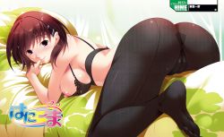 Rule 34 | 1girl, absurdres, ahoge, ass, back, black bra, black pantyhose, blush, bra, breasts, breasts out, brown hair, cameltoe, dengeki hime, feet, female focus, finger to mouth, fishnet pantyhose, fishnets, hair ornament, hair over shoulder, hairclip, hani tsuma, heart, highres, ikoma aoi, lace, lace-trimmed bra, lace trim, large breasts, light smile, lingerie, logo, looking at viewer, looking back, lying, nipple slip, nipples, official art, on stomach, pantyhose, puffy nipples, purple eyes, scan, shinonome kazuhiko, short hair, sideboob, smile, solo, straddling, toes, underwear