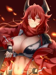 Rule 34 | 1girl, absurdres, black gloves, black jacket, breasts, chantatou-hwi, cleavage, commentary, cowboy shot, cropped jacket, fingerless gloves, gloves, goddess of victory: nikke, grin, hair between eyes, hand on own hip, highres, horns, jacket, large breasts, leather, leather jacket, long hair, long sleeves, looking at viewer, mechanical horns, navel, off shoulder, open clothes, open jacket, red hair, red hood (nikke), red jacket, red scarf, scarf, sidelocks, smile, solo, standing, stomach, suspenders, teeth, yellow eyes