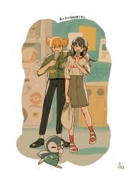 Rule 34 | 1boy, 1girl, alternate costume, bag, barry (pokemon), black footwear, black hair, black pants, blonde hair, collared shirt, commentary request, creatures (company), dawn (pokemon), eating, food, game freak, gen 4 pokemon, green shirt, hair ornament, hairclip, highres, holding, knees, long hair, nintendo, omyo (myomyomyo22), pants, piplup, pokemon, pokemon (creature), pokemon dppt, popsicle, shirt, shoes, shopping bag, short hair, sidelocks, signature, skirt, socks, standing, translation request