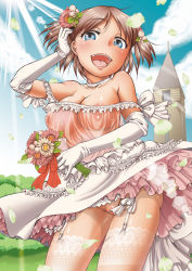 Rule 34 | 1girl, blue eyes, blush, bouquet, breasts, bride, brown hair, church, dress, elbow gloves, equal (melomelopunch), flower, frills, garter belt, gloves, large breasts, nipples, no bra, no panties, open mouth, original, revealing clothes, see-through, solo, steeple, thighhighs, wedding, wedding dress