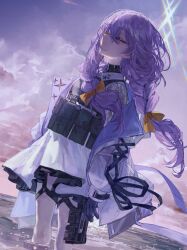 Rule 34 | 1girl, atsuko (blue archive), black gloves, blue archive, bow, braid, closed eyes, closed mouth, dress, feet out of frame, gloves, hair between eyes, hair bow, halo, highres, hood, hooded jacket, jacket, long hair, low twin braids, plate carrier, purple hair, quasarcake, solo, twin braids, white dress, white jacket, yellow bow