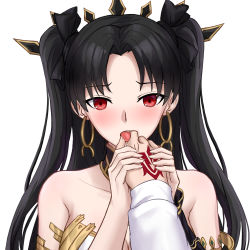 Rule 34 | 1boy, 1girl, black bow, black hair, blush, bow, breasts, chinese commentary, commentary request, earrings, fate/grand order, fate (series), finger in another&#039;s mouth, fujimaru ritsuka (male), hair bow, highres, holding hands, hoop earrings, ishtar (fate), jewelry, large breasts, licking, licking finger, long hair, looking at viewer, parted bangs, pov, red eyes, simple background, solo focus, two side up, upper body, white background, yeklsa