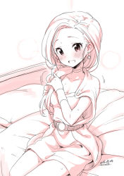 Rule 34 | 1girl, adjusting hair, bed, belt, bianca (dq5), blush, braid, breasts, cape, choker, cleavage, dated, dragon quest, dragon quest v, dress, earrings, hair over shoulder, twirling hair, jewelry, kanya pyi, long hair, monochrome, nervous, nervous smile, on bed, open mouth, short dress, signature, single braid, sitting, smile, solo, sweat