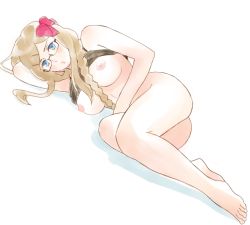 Rule 34 | 1girl, arm behind head, arm up, ass, axis powers hetalia, bad id, bad twitter id, bare shoulders, barefoot, black-framed eyewear, blue eyes, blush, bottomless, bow, braid, breasts, camisole, clothes lift, feet, female focus, full body, glasses, hair bow, hair ornament, hair over shoulder, hairclip, keisuke2525, large breasts, legs, light brown hair, lips, long hair, looking at viewer, lying, monaco (hetalia), nipples, no bra, on side, pink bow, semi-rimless eyewear, shadow, shirt lift, simple background, single braid, solo, toes, under-rim eyewear, white background