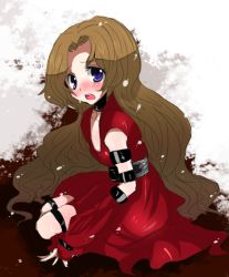 Rule 34 | 00s, 1girl, :o, armlet, bare shoulders, blue eyes, blush, breasts, brown hair, cleavage, code geass, collarbone, dress, female focus, from behind, looking back, nunnally vi britannia, open mouth, red dress, small breasts, solo, thigh strap
