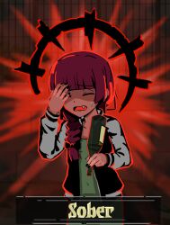 Rule 34 | 1girl, affliction (darkest dungeon), alcohol, black nails, bocchi the rock!, bottle, braid, closed eyes, darkest dungeon, empty bottle, english text, fang, gloom (expression), hand on own face, hand on own head, highres, hiroi kikuri, holding, holding bottle, jacket, kurokimoko, nail polish, open clothes, open jacket, open mouth, purple hair, single braid, sweat, sweatdrop