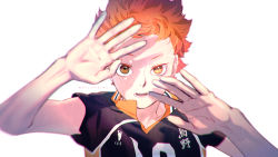Rule 34 | 1boy, arms up, brown eyes, haikyuu!!, highres, hinata shouyou, looking at viewer, male focus, open mouth, orange hair, re it0, shaded face, short hair, signature, simple background, solo, sportswear, teeth, twitter username, upper body, volleyball uniform, white background