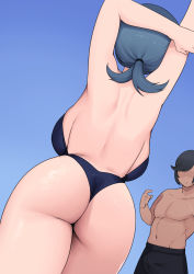 Rule 34 | 1boy, 1girl, arm behind head, arms up, ass, back, backboob, bare back, black hair, black male swimwear, black one-piece swimsuit, black swim trunks, blue background, blue hair, breasts, bulge, creatures (company), curvy, erection, erection under clothes, faceless, faceless male, facing away, from behind, game freak, gluteal fold, highres, holding own arm, huge breasts, lana&#039;s mother (pokemon), low ponytail, male swimwear, mature female, moebell, mole, mole on ass, nintendo, one-piece swimsuit, paid reward available, pokemon, pokemon (anime), pokemon sm (anime), swim trunks, swimsuit