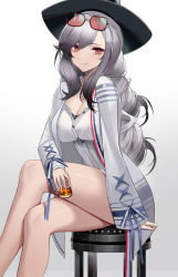 Rule 34 |  (azur lane), absurdres, azur lane, bare legs, black headwear, breasts, character request, cleavage, commentary request, corrupted metadata, crossed legs, cup, drinking glass, dunkerque (afternoon venus) (azur lane), dunkerque (afternoon venus) (azur lane), dunkerque (azur lane), eternity (shadeh), eyewear on head, feet out of frame, gradient background, grey background, highres, holding, holding cup, jacket, large breasts, long hair, long sleeves, looking at viewer, official alternate costume, open clothes, open jacket, pink eyes, shirt, silver hair, sitting, smile, solo, stool, sunglasses, thighs, white background, white jacket, white shirt
