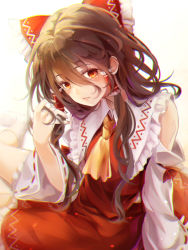 Rule 34 | 1girl, ascot, bow, brown hair, commentary, detached sleeves, hair between eyes, hair bow, hair tubes, hakurei reimu, highres, long hair, looking at viewer, oborofu, red bow, red eyes, solo, touhou, yellow ascot