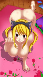 Rule 34 | 1girl, animal ears, ass, bent over, blonde hair, blush, breasts, brown eyes, carpet, cat ears, cat girl, cleavage, crawling, fairy tail, female focus, flower, hairband, heart, highres, hip focus, indoors, large breasts, lucy heartfilia, nipples, nude, rose, smile, solo, twintails, wide hips