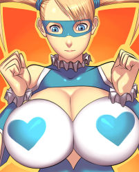 Rule 34 | 1990s (style), 1girl, bare shoulders, blonde hair, blue eyes, breasts squeezed together, breasts, capcom, cleavage, cleavage cutout, clothing cutout, heart, huge breasts, leotard, long hair, mask, rainbow mika, sawao, scrunchie, shoulder cutout, solo, street fighter, street fighter zero (series), twintails, wrestling outfit