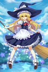 Rule 34 | 1girl, absurdres, apron, black hat, black skirt, blonde hair, blue sky, bow, braid, broom, brown footwear, buttons, clothes lift, cloud, day, full body, hair bow, hat, hat bow, highres, holding, kirisame marisa, lifting own clothes, long hair, looking at viewer, outdoors, puffy short sleeves, puffy sleeves, qihai lunpo, red bow, shoes, short sleeves, side braid, skirt, skirt lift, skirt set, sky, smile, socks, solo, star (symbol), touhou, vest, waist apron, white bow, white socks, wing collar, witch hat, yellow eyes