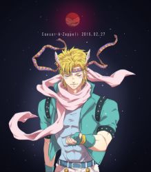 Rule 34 | 1boy, bad id, bad pixiv id, blonde hair, bubble, caesar anthonio zeppeli, character name, dated, facial mark, feather hair ornament, feathers, fingerless gloves, gloves, gradient background, green jacket, hair ornament, headband, jacket, jojo no kimyou na bouken, kamu (simp3), male focus, pink scarf, ribbon, scarf, snowing, solo