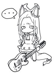 Rule 34 | ..., 1girl, animal ear fluff, animal ears, blue archive, cross halo, detached sleeves, dress, flower wreath, forehead, fox ears, full body, guitar, halo, highres, holding, holding guitar, holding instrument, instrument, long hair, monochrome, seia (blue archive), sleeve bow, solo, standing, uranium10, white dress